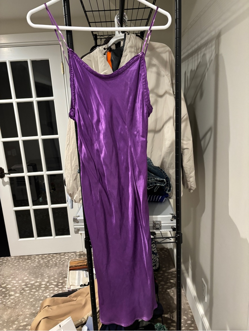 Satin Purple Slip Midi Dress with Spaghetti Straps